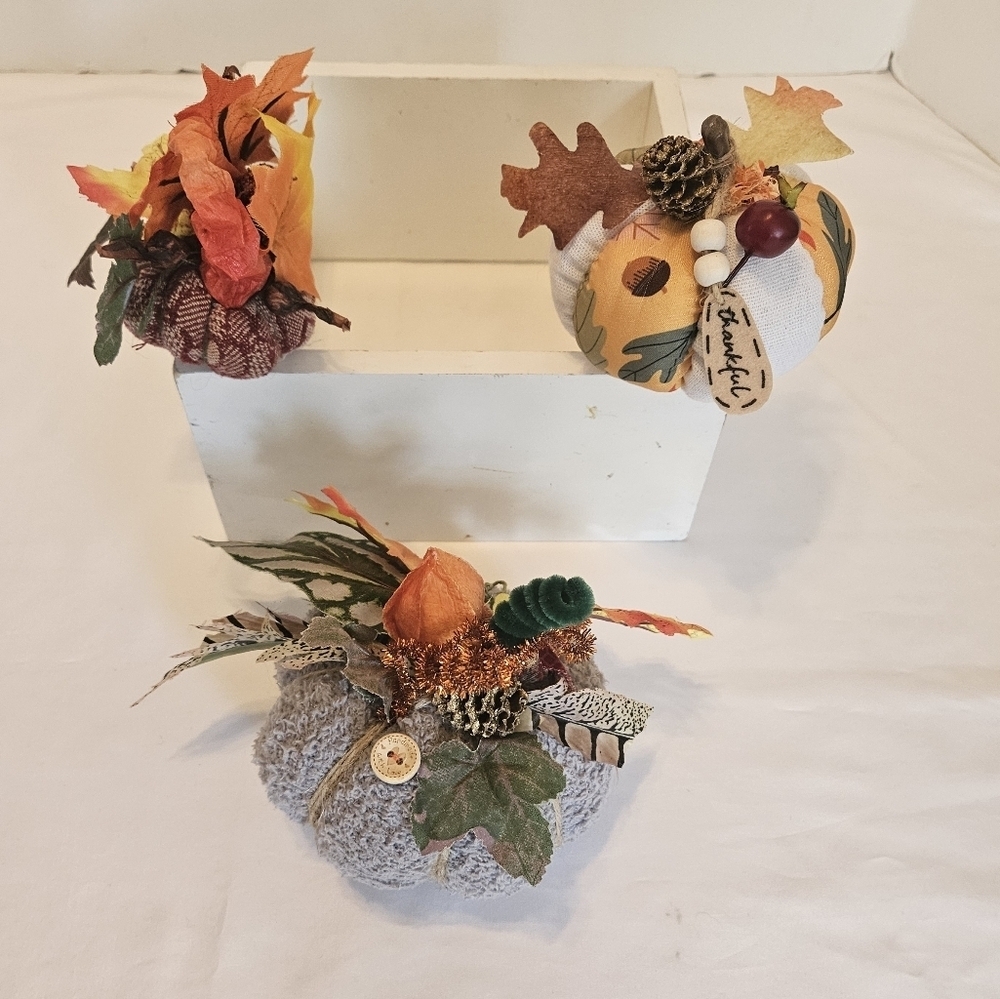 Hand Crafted Fabric Pumkins trio holiday decor harvest motif fall handmade art - Picture 14 of 16